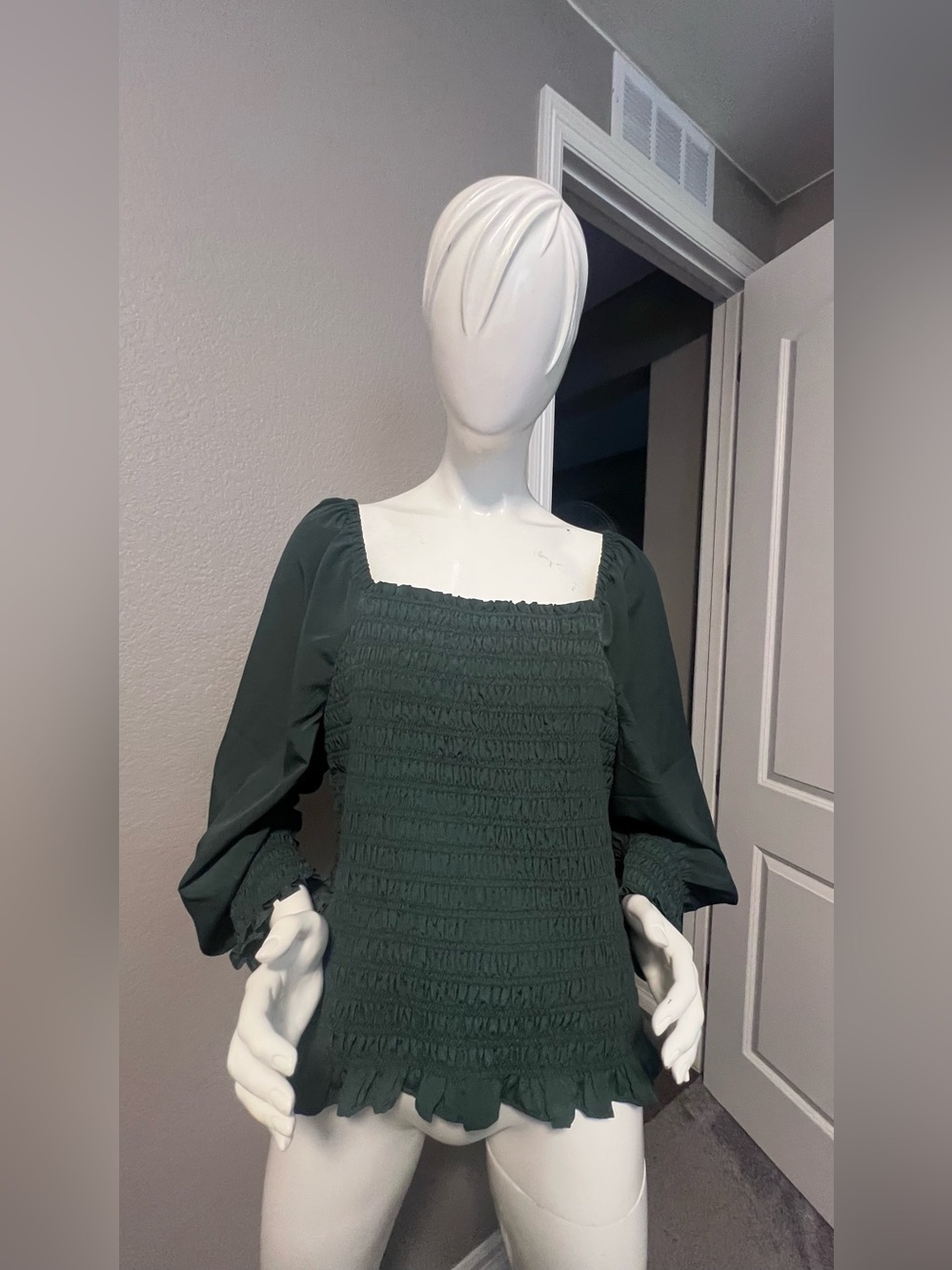 Madewell Plus Lucie Bubble-Sleeve Smocked Top  XL DARK PALM